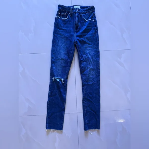 Pistola baggy jeans, dark denim, distressed high waist zip bottom size 23 - Image 3