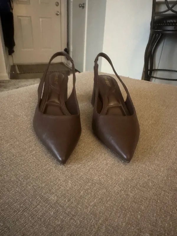 BAMBOO Dark Brown Pointed Toe Sling Back Heels - Image 2
