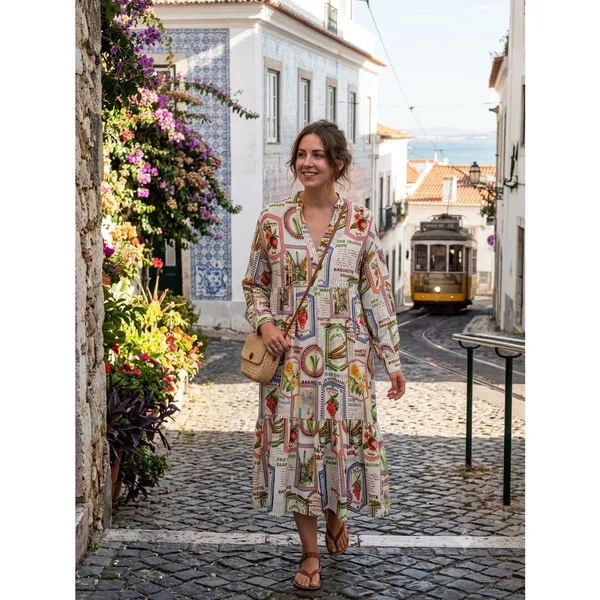 Maison d’Amelie Paris Stamp Postcard Midi Maxi Dress XS Novelty Travel European - Image 8