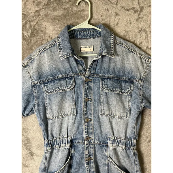 Free People Marci Denim Cuffed‎ Romper Blue Button Front Utility Shortalls Small - Image 2