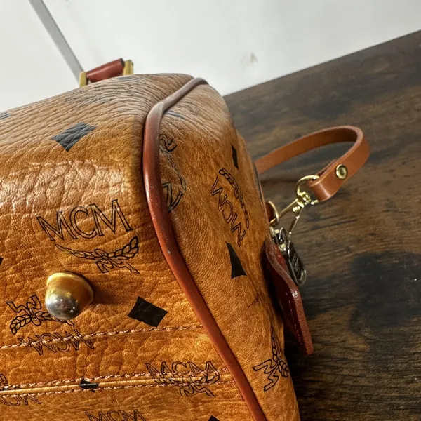 MCM Vintage Satchel Bag Womens Medium Brown Logo PVC Leather Germany Top Handle - Image 16