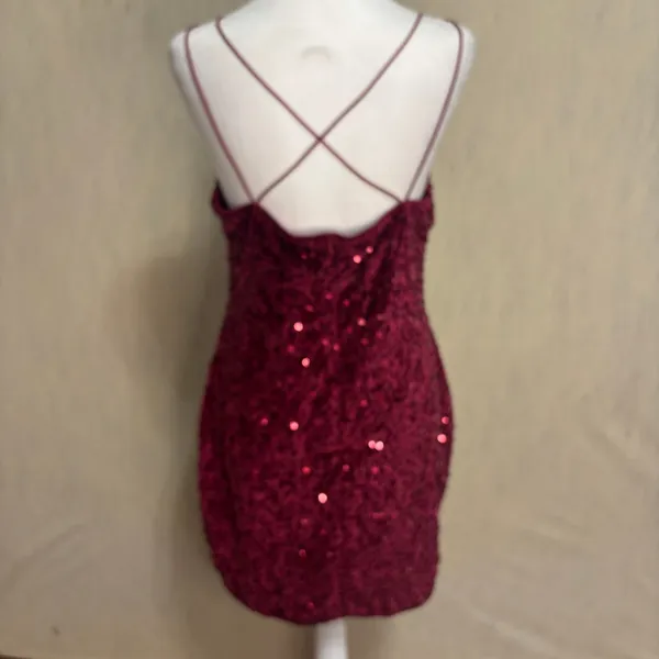 Sequin Velvet Mini Dress Burgundy Bodycon Strappy Party Hoco Glam Formal NYE XL - Image 4