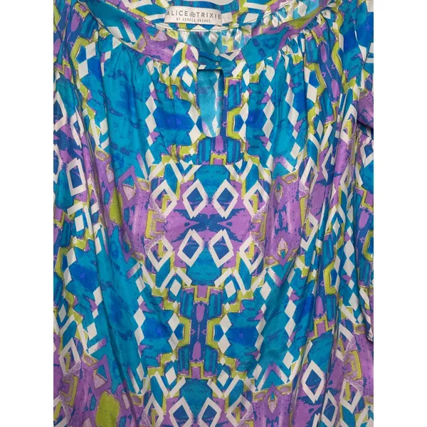 Alice & Trixie Silk Blouse Blue Purple Geometric Bell Sleeve Top Womens L - Image 2