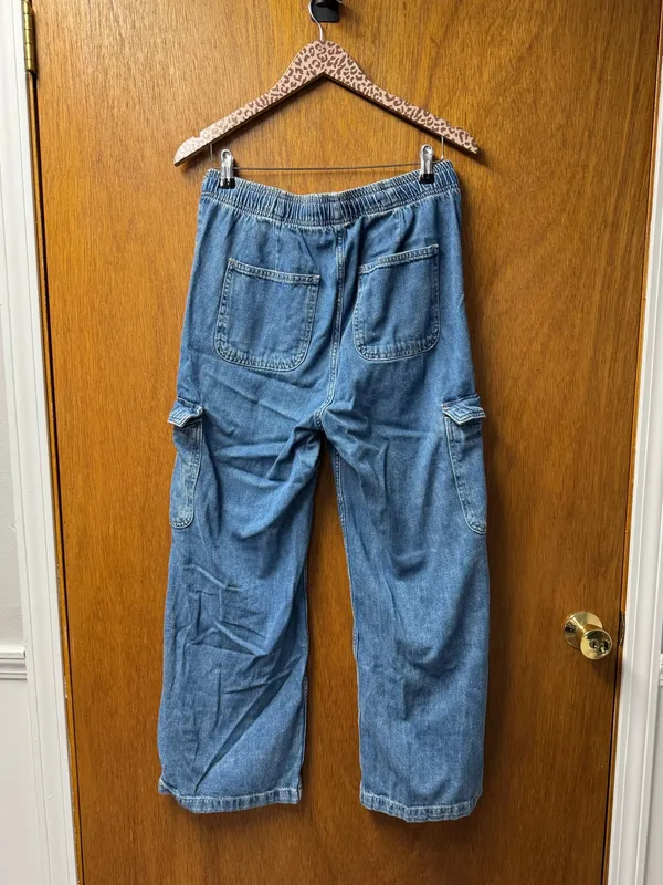 Gap Pull On Wide Leg Cargo Denim Jeans Cotton Tie Waist Medium Wash Blue Medium - Image 14