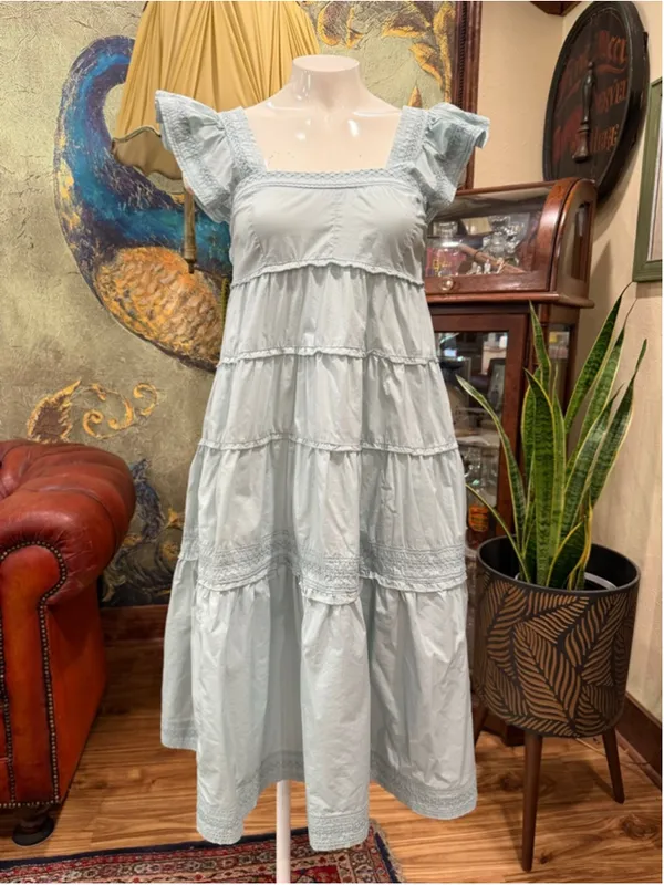 KARLIE Light Blue Cotton Smocked Tiered Ruffle Dress Midi Cottagecore Pockets M - Image 3