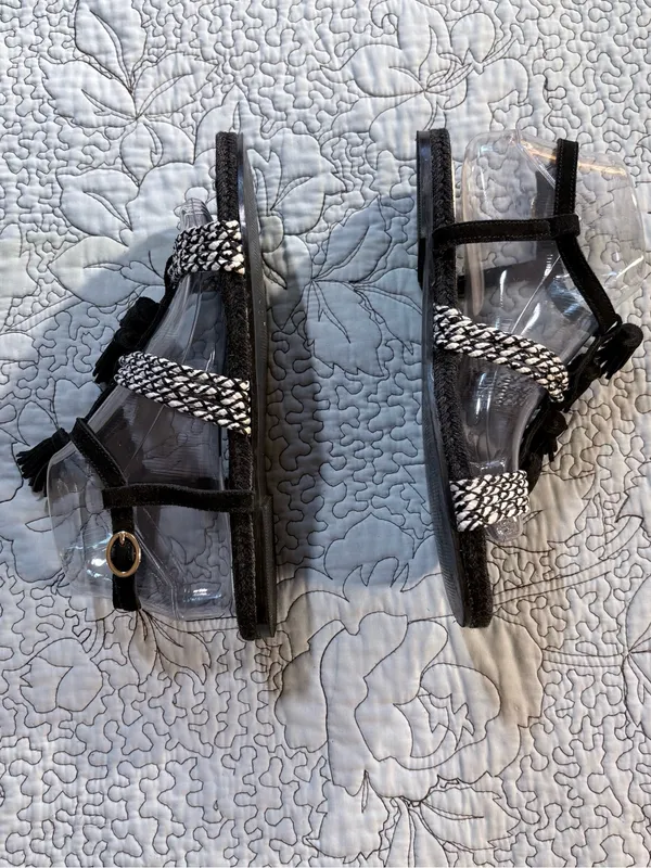 Anthropologie Fringed Rope Tassel Sandals Black White Woven Boho Sandals Sz 8💛 - Image 5