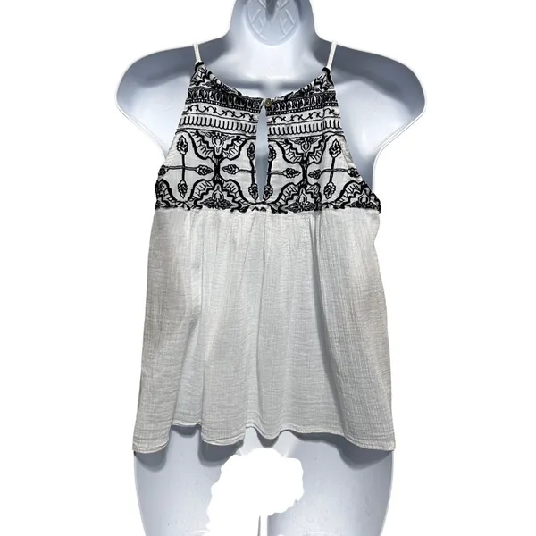 Abercrombie Fitch Women Babydoll Top M White Gauze‎ Embroidered Boho Festival - Image 2