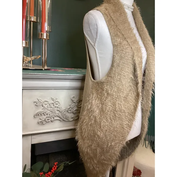 Sonny Taylor Fuzzy Knit Long‎ Vest Women Sz L Beige Open Front Shaggy Cardigan - Image 2