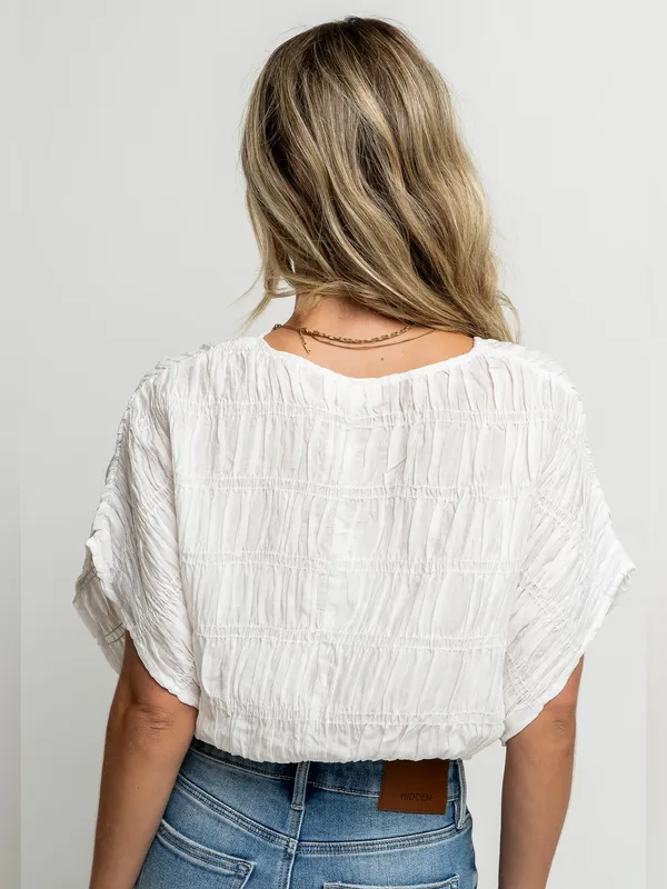 Boheme Alma Smocked SS Blouse White Boxy Summer Buttons Crisp Boho NWT - Image 5