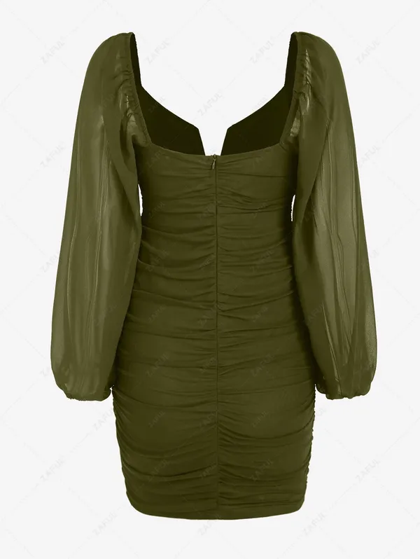 Zaful Olive Green Ruched Sheer Mesh Bodycon Dress Size Size L - Image 2