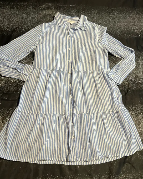 Womens large beachlunchlounge blue/white striped long sleeve tiered shirt dress. - Image 2