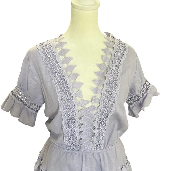 Peixoto Ora Lavender Eyelet Lace Cotton Mini Dress Flutter Sleeve Boho Resort S - Image 4