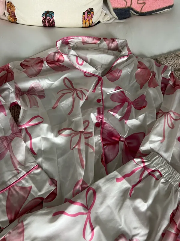 Macy's Satin Bow-Print Pajama Set - Pink - Image 6