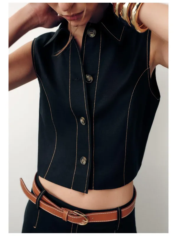 NWT ZARA Linen Blend‎ Button Down Sleeveless Top Women's S Black Quiet Luxury - Image 4