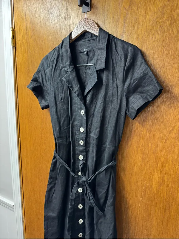 Quince 100% European Linen Button Front Short Sleeve Tie Midi Dress Black Small - Image 10