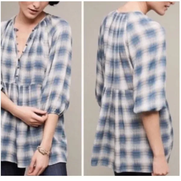 Maeve Plaid Babydoll Tunic‎ Top Henley Button Front Blue Cream Plaid Womens XS - Image 3
