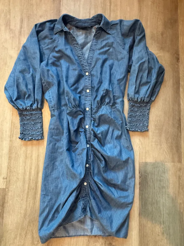 Veronica Beard Allie Ruched Chambray Mini Dress Denim Blue Buttons Collar Sz 2 - Image 3