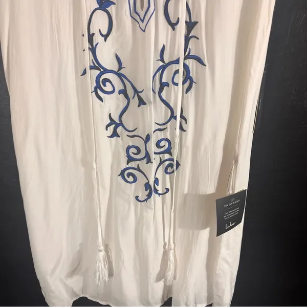 Lulus Down In Kokomo White And Blue Embroidered Lace Up Dress Size‎ Medium - Image 4
