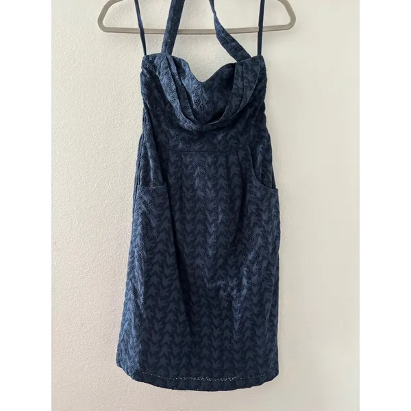 Girl from Savoy Anthropologie Navy Blue‎ Eyelet Halter Dress Pockets Size 4 - Image 7