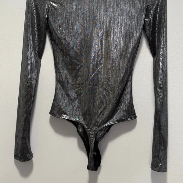 Alix NYC Irving Lamé Bodysuit Small Gunmetal Metallic Deep V-Neck Long Sleeve - Image 8