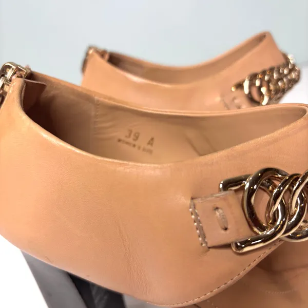 Tod’s Tan, Nude Leather Gold Chain Link Platform Heeled Sandals 39 - Image 4