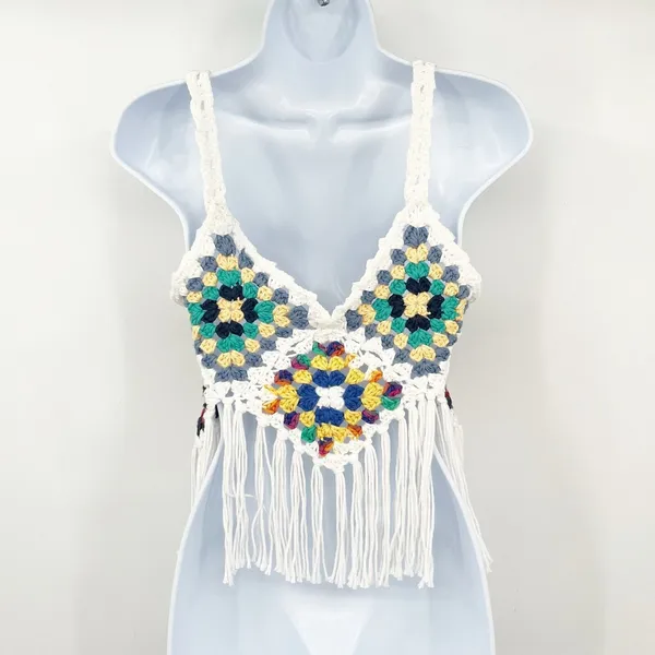 Womens‎ Crochet Granny Square Boho Festival Coachella Beach Fringe Crop Top OS - Image 5