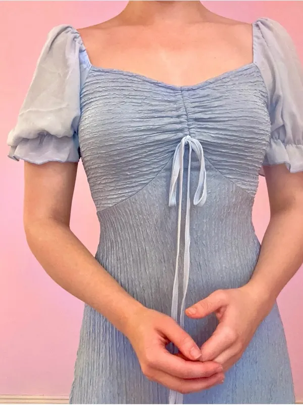 Light Blue Puff Sleeve Ruched Front Dress - Image 5