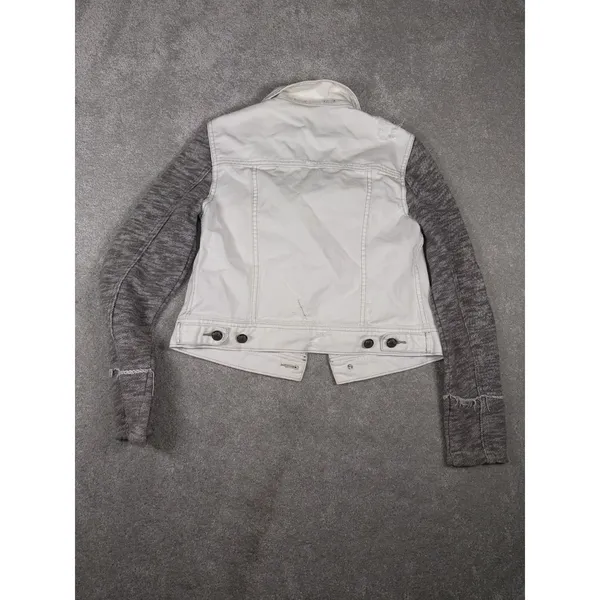 Free People Women's Cotton Denim‎ Jean Woven Knit Sleeves Jacket White Gray Xs - Image 6