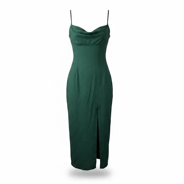 Zara Linen Blend Strappy Midi Dress in Green Size S Cowl Neck Slit - Image 3
