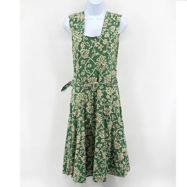 Effies Heart Green Floral Cage Strap Midi Dress S Belted Pockets Stretch Cotton‎ - Image 2