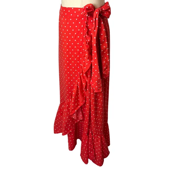 Draper James‎ Wrap Midi Skirt Women Medium Red Polka Dot Ruffle Trim Preppy Boho - Image 3