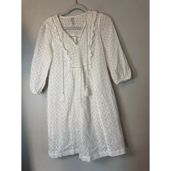 Anthropologie White Eyelet V Neck Mini Dress Tassels Sz 0 NEW - Image 6