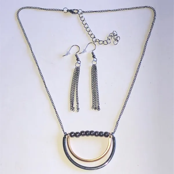 Dark Metal Two-Tone Half-Circle Pendant Necklace & Tassel Earring Set - Image 2