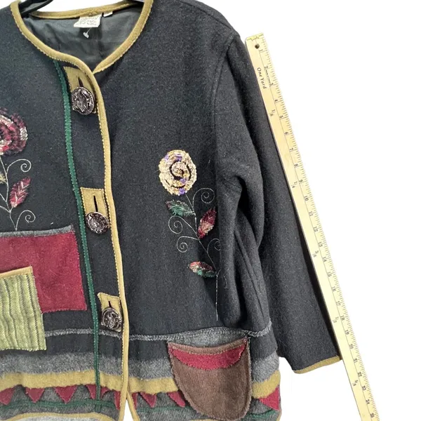 Parsley & Sage Sweater Jacket Womens S Black Multi Wool Patchwork Artful Cottage - Image 12