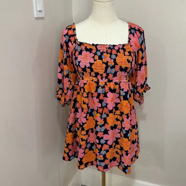 Lulus Navy Pink Orange Floral Smocked Puff Sleeve Mini Dress Size M‎ - Image 2
