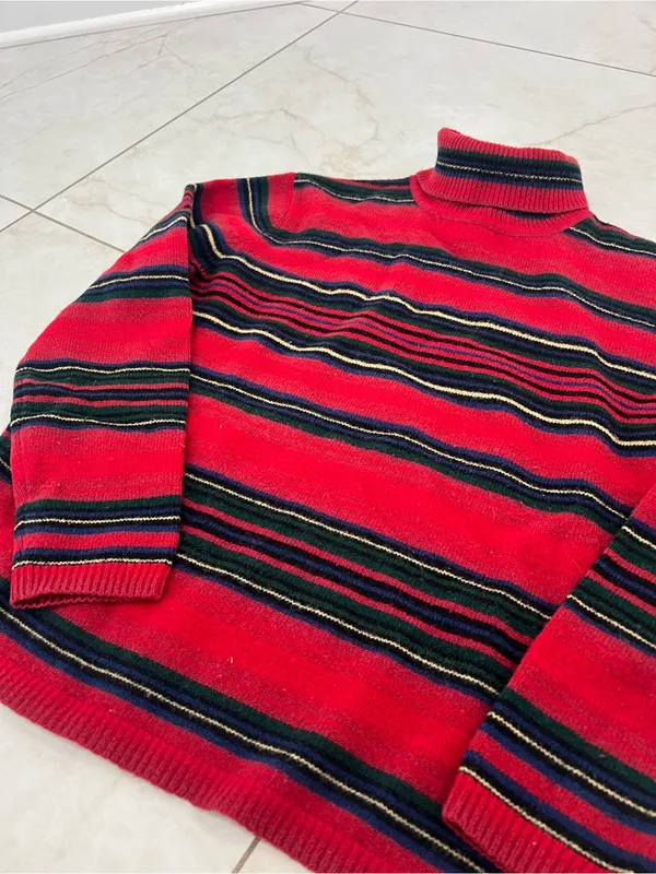 Vintage Ralph Lauren Red Striped Lambswool Turtleneck Sweater Size Large Petite - Image 2