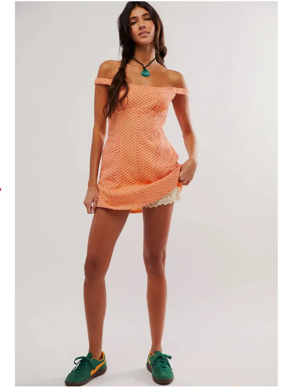 FREE PEOPLE Berry Kiss Peach Mini Dress Medium Boho Coquette Feminine - Image 3