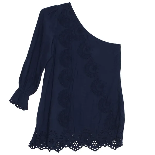 Hill House One Shoulder Dress Eyelet Linen Blend Embroidered Navy Blue L Boho - Image 2