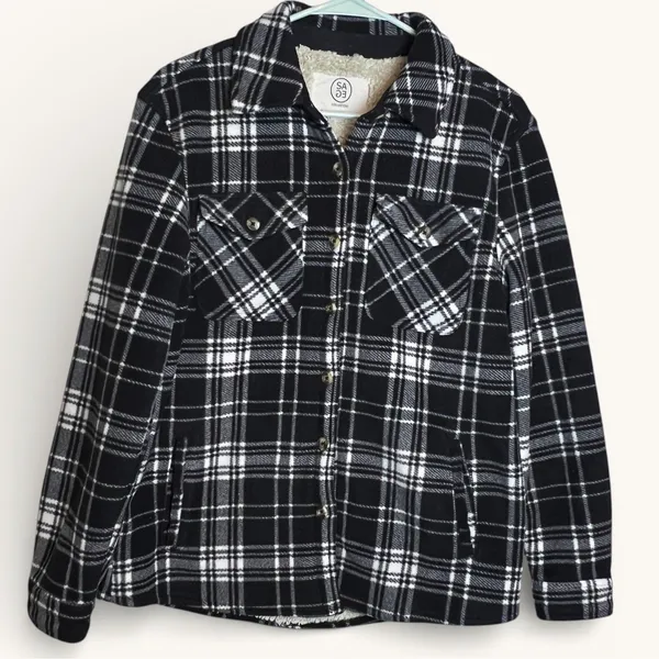 Sage Collective Sherpa Shacket Plaid Jacket Black White‎ Fleece Womens S - Image 2