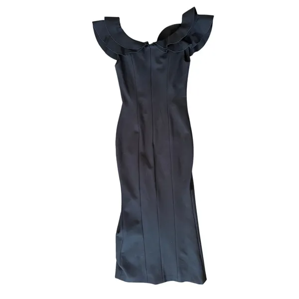 Elliatt Black Wide Neck Ruffle Shoulder Thigh High Slit Maxi Dress Wedding Guest - Image 5