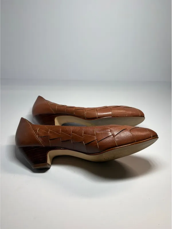 Vintage Sugarfoots Brown Leather Woven Peep Toe Pumps Women’s 7.5 M Brazil - Image 6