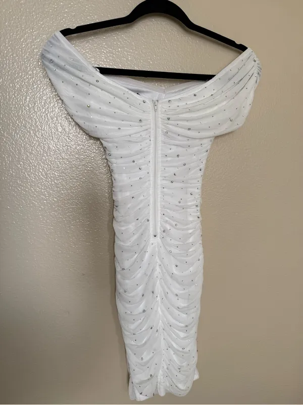 Windsor White Rhinestone Ruched Off Shoulder Bodycon Midi Dress XS NWT Holiday - Image 6