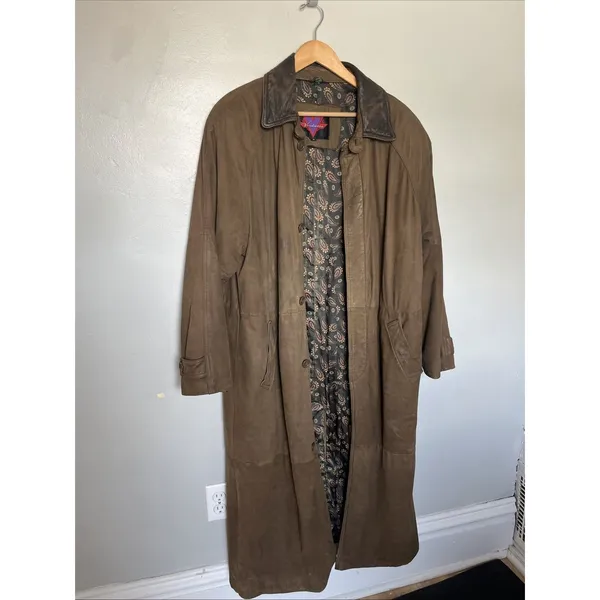 Vintage Verducci Ital Brown Leather Suede Trench Coat With Slit In Back SZ Small - Image 2