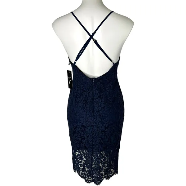 New LULU'S‎ Flirting with Desire Navy Blue Eyelash Lace Bodycon Mini Dress M - Image 6