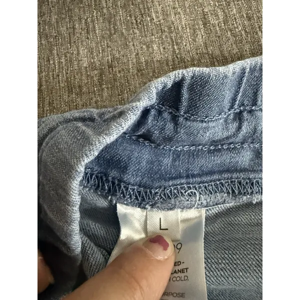 Level 99 Blue Denim Cargo Pants Women's Sz L Drawstring Elastic Waist Pockets - Image 13