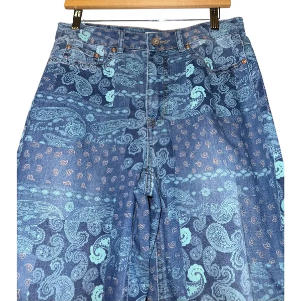 Tribal Jeans Paisley Patchwork Pants Women's 8 Boho Hippie Wide Leg Raw Hem‎ - Image 2