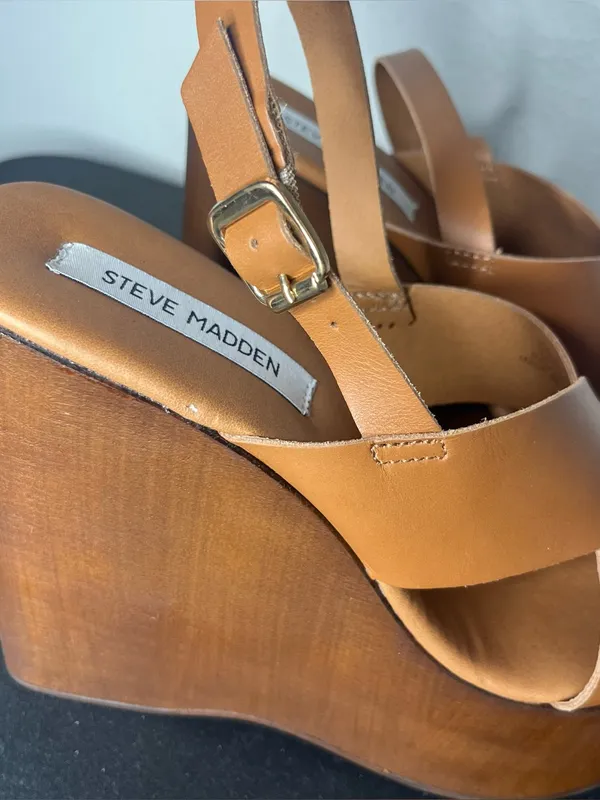Steve Madden Cognac Leather Criss Cross Open Toe Slingback Galaxy Wedge Sandals - Image 6