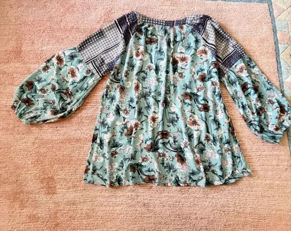Jodifl L Mint Floral Boho Peasant Blouse Rayon Balloon Sleeve V Neck Tunic Top - Image 7