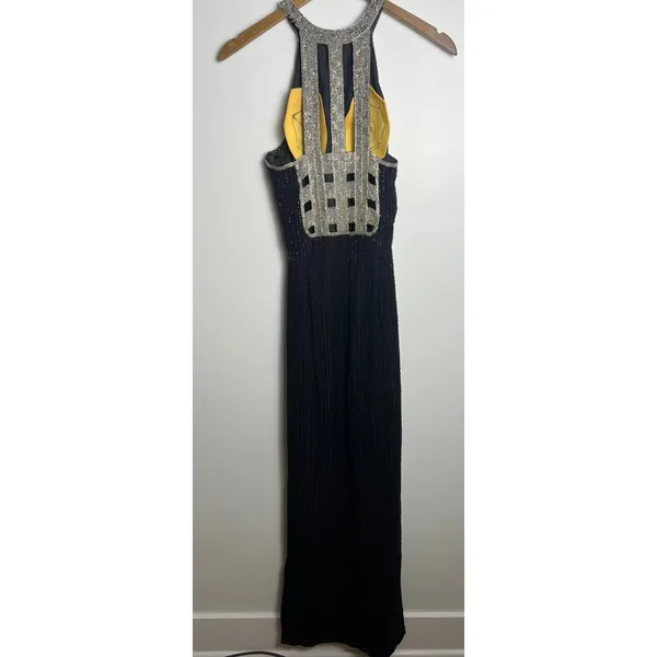 VTG SM Black Beaded Halter Neck Gown Silver Open Back Cage Detail Formal Dress - Image 2