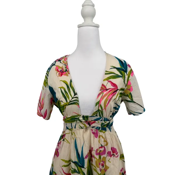 Billabong Tropical Floral Maxi‎ Dress Open Back Cotton Large Vacation Resortwear - Image 2